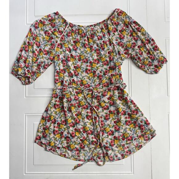 Free People Dresses & Skirts - Free People Mini Dress White Red Floral Puff Sleeve Babydoll Dress Belted Sz M